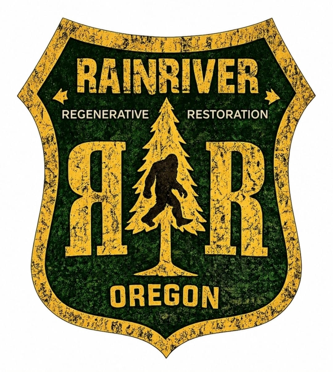Rain River regenerative restoration logo featuring an evergreen tree and forest silhouette